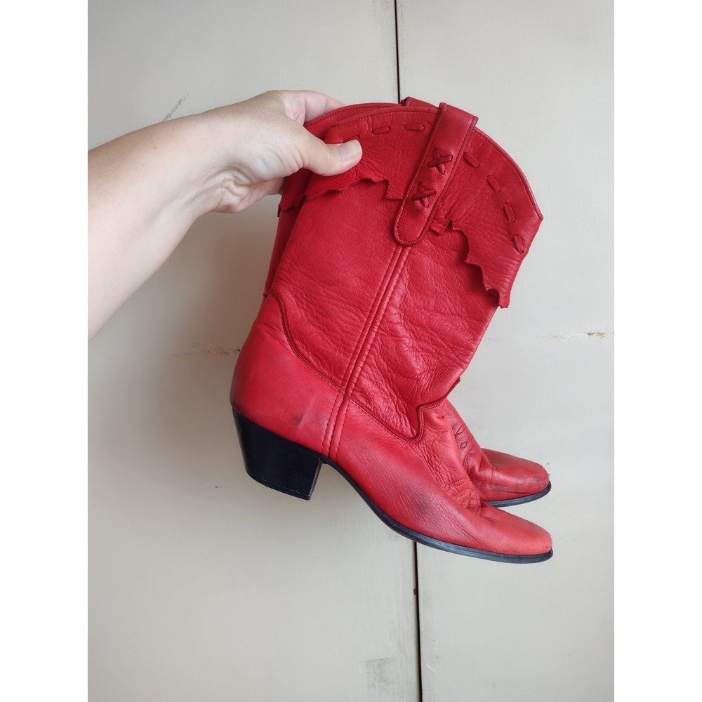 Vtg Red Laredo Leather Cowboy Boots Decorative Top Sz 9.5 Worn Line Dancing